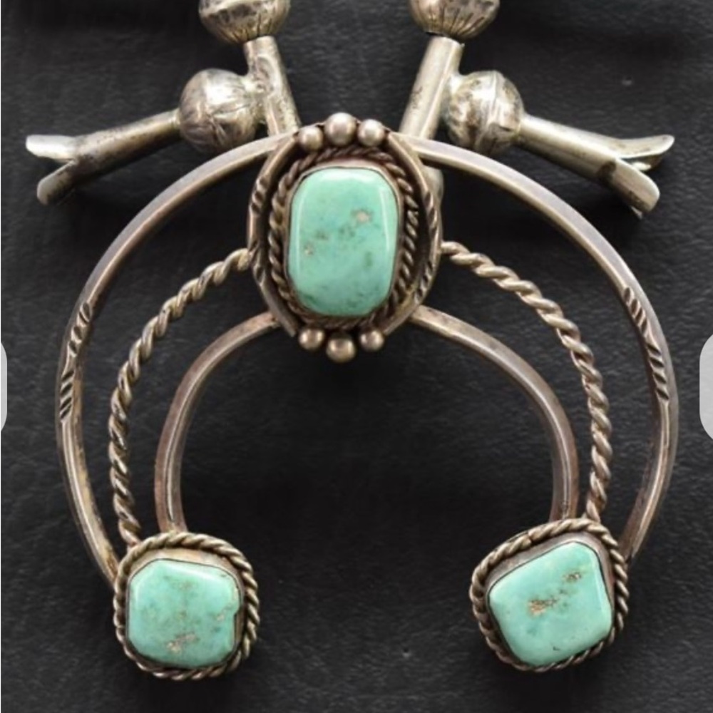 1950s Vintage Sterling and natural turquoise Navajo Squash Blossom necklace